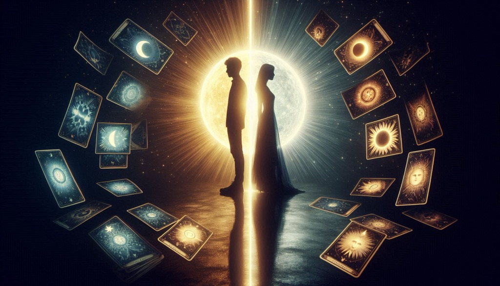 Two people in opposite light with Tarot cards around — a symbol of inner conflict and connection.