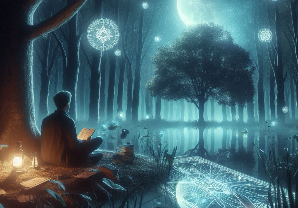 A person reads Tarot under the moon in a forest, surrounded by elements of dreams and intuition.