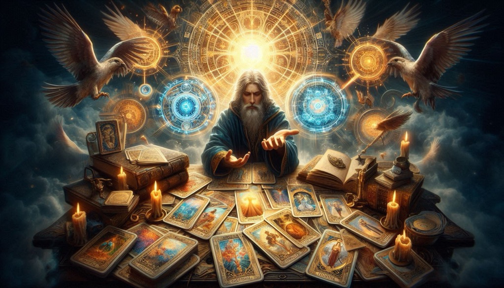 A peaceful place for Tarot divination with candles, incense, and a laid-out deck of cards.