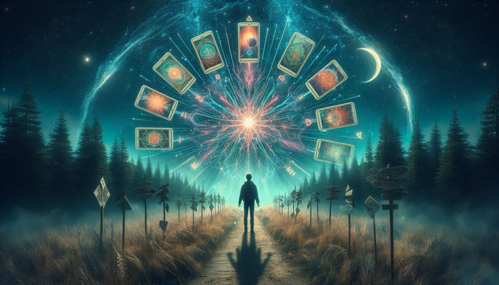 A person at a crossroads in the middle of a night forest, surrounded by Tarot cards — a symbol of the path and self-discovery.