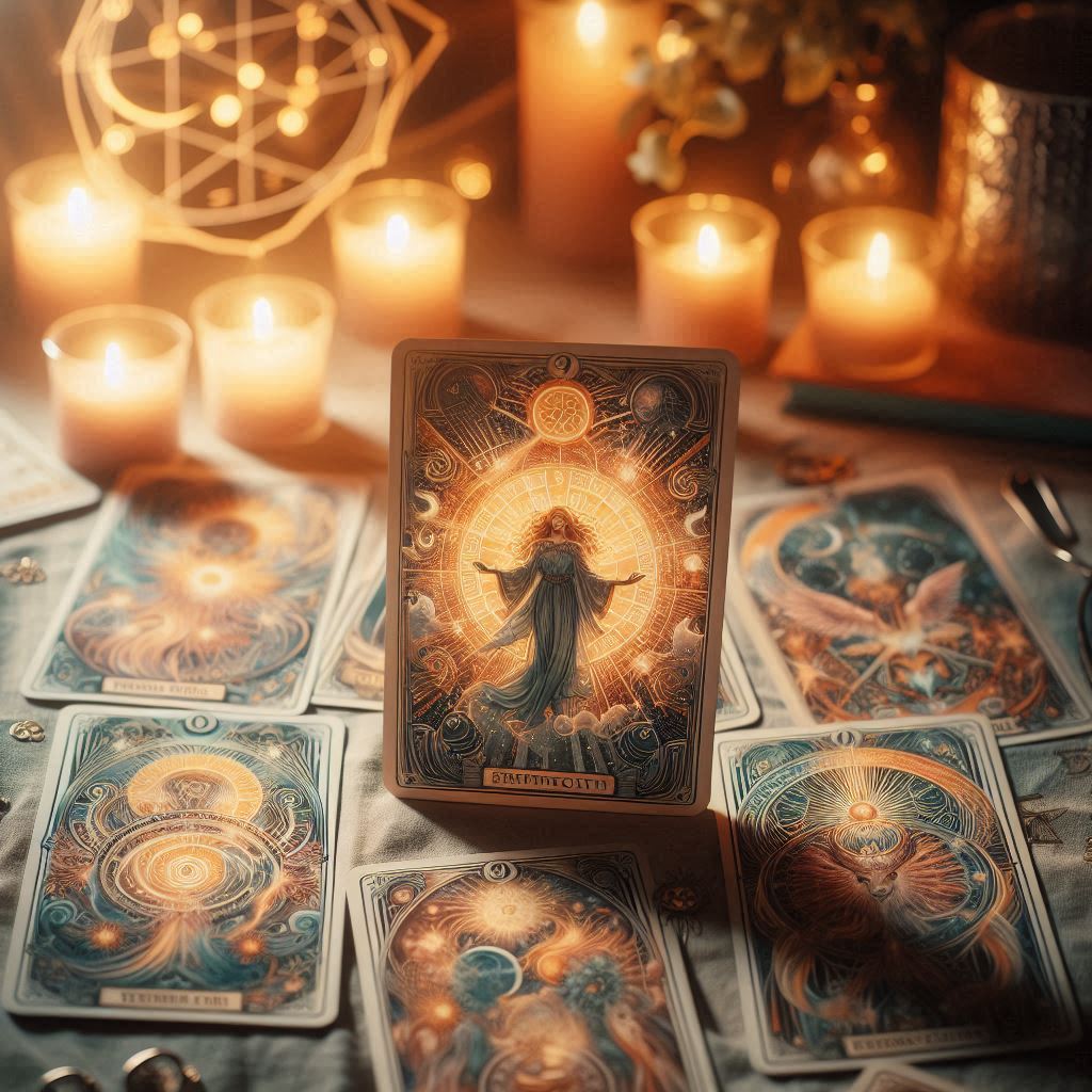 Tarot cards laid out on a table, illuminated by candlelight. One card, depicting a woman with outstretched arms, stands upright in the center.