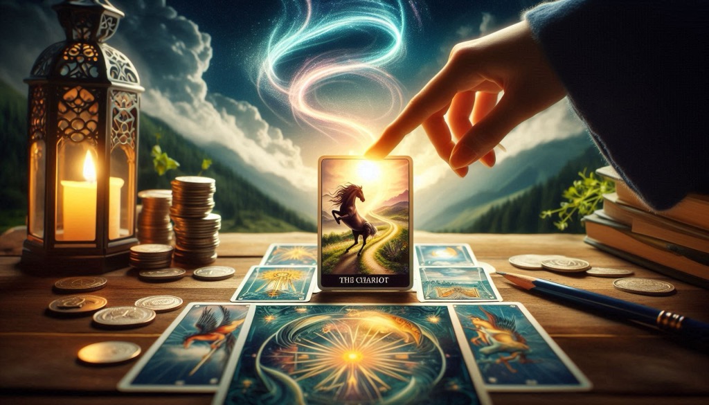 A hand places the Tarot card "The Chariot" on a career path, illuminating the direction of movement and new ideas.