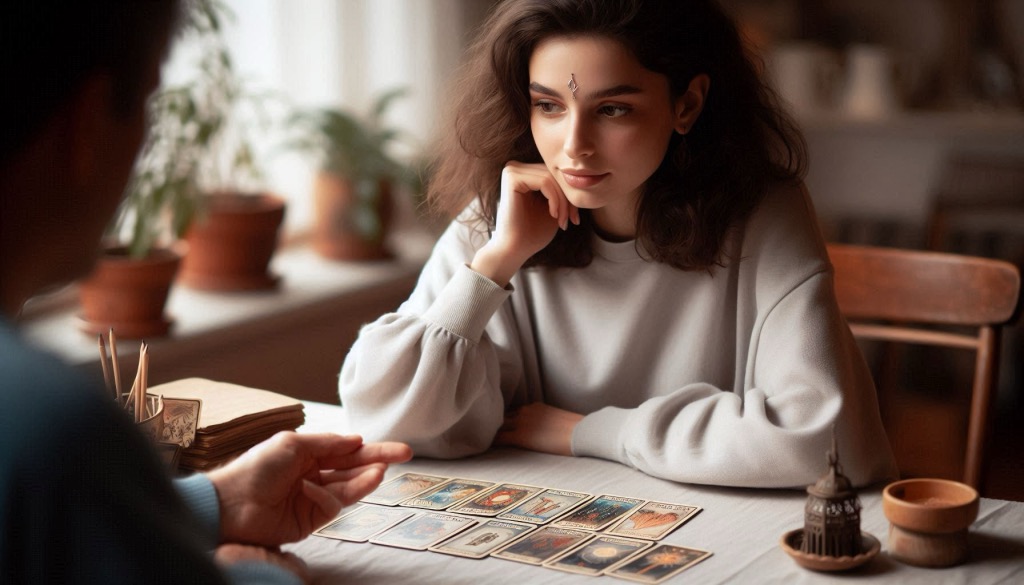An empathetic tarot reader discusses a spread with a client, emphasizing advice rather than a verdict.