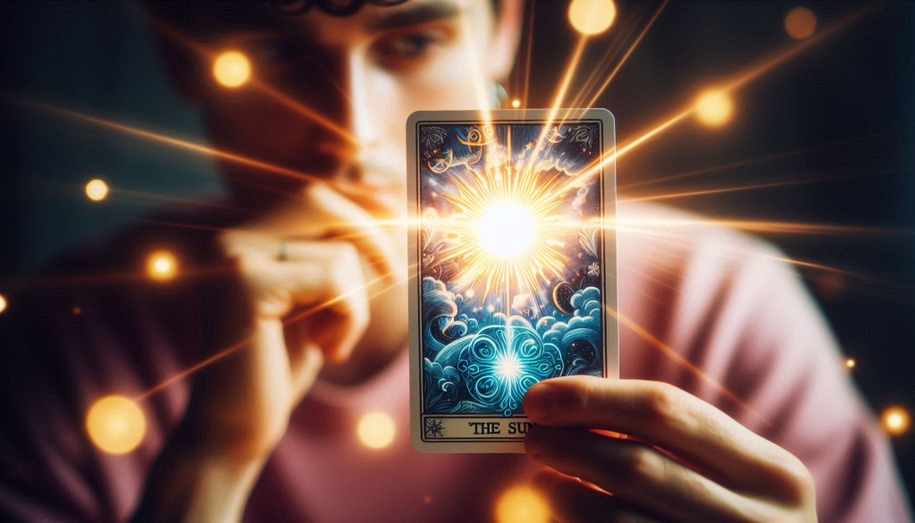 The Tarot card "The Sun" in the hands of a reader, radiating bright light and illuminating the face.
